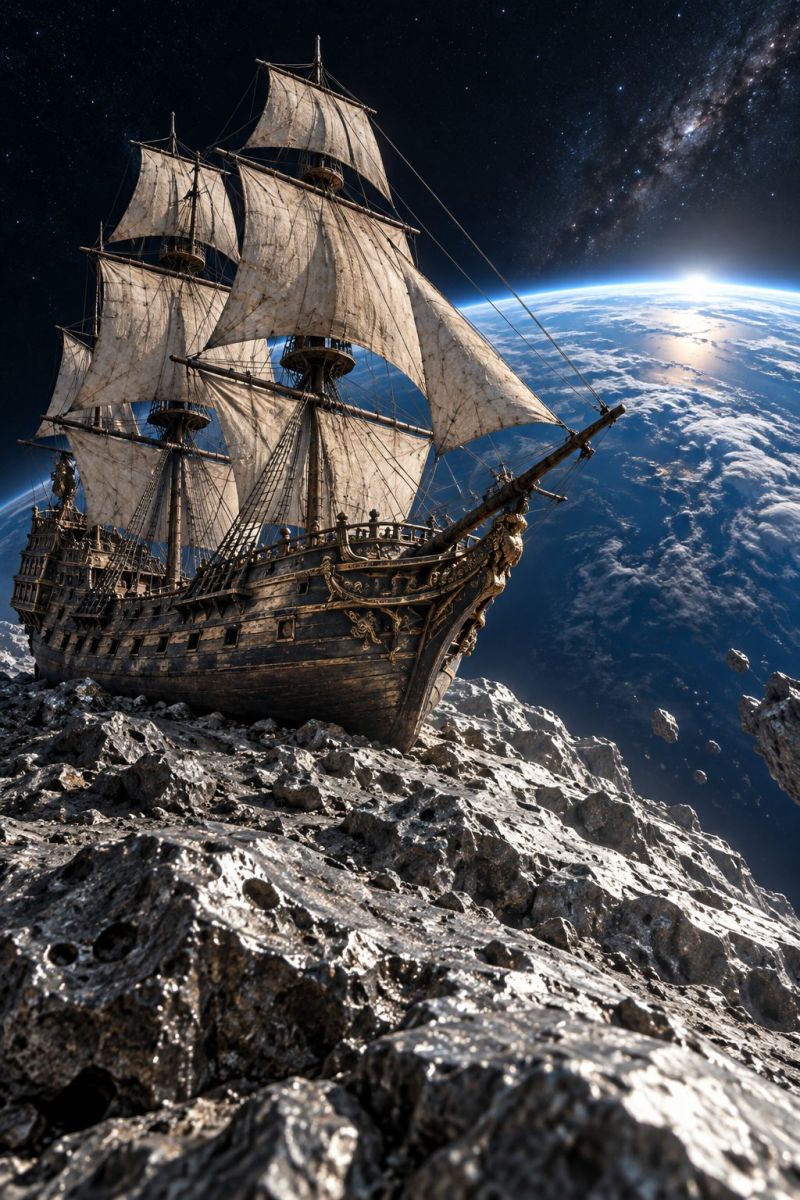 Navire espace galaxie roche planete voile mat barre corde voilier vaisseau spatial asteroide cosmos univers etoile ciel nuit obscurite Un vieux bateau pirate patiné flotte dans l'espace, les voiles gonflées par le vent. Le navire est positionné sur une surface rocheuse, avec une grande formation rocheuse au premier plan. Le navire a un aspect sombre et vieilli, avec une garniture dorée sur les bords des voiles et de la coque. Le pont du navire est encombré de divers objets, dont une grande figure de proue ornée à l'avant. À l'arrière-plan, on peut voir la Terre, avec un soleil brillant au loin. Le ciel est sombre, avec quelques étoiles visibles, et la galaxie de la Voie lactée est visible en arrière-plan.
