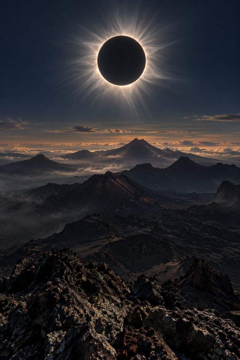 Mountains sky sun dark clouds horizon atmosphere astronomy nature space solar eclipse The image captures a breathtaking view of a total solar eclipse from a high vantage point. The sun is completely obscured by the moon, creating a dramatic silhouette against the bright solar corona. The sky transitions from deep blue to a soft orange hue near the horizon, indicating the setting sun. Below the eclipse, rugged mountains with rocky terrains and sparse vegetation are visible, their peaks shrouded in mist. The foreground features jagged rocks and a sense of vastness, emphasizing the grandeur of the natural landscape.