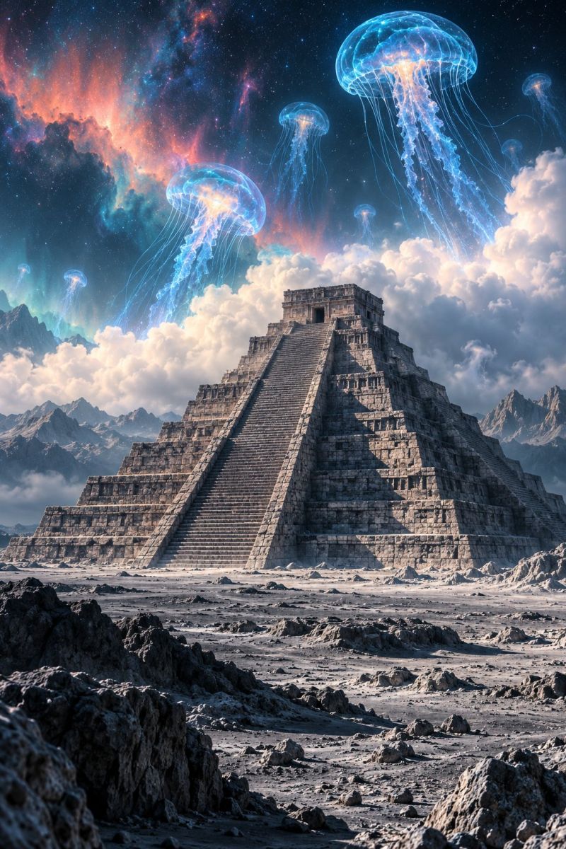 Pyramid ancient architecture desert history civilization large, ancient pyramid with a stepped structure, situated in a desert landscape. The pyramid is made of stone and has a dark, weathered appearance. Above the pyramid, there are several large, glowing jellyfish floating in the sky, which is filled with clouds and a vibrant, colorful nebula. The jellyfish have long, trailing tentacles and emit a soft, ethereal light. The desert is rocky and barren, with scattered rocks and a distant mountain range in the background. The scene is surreal and otherworldly, with a sense of mystery and wonder.