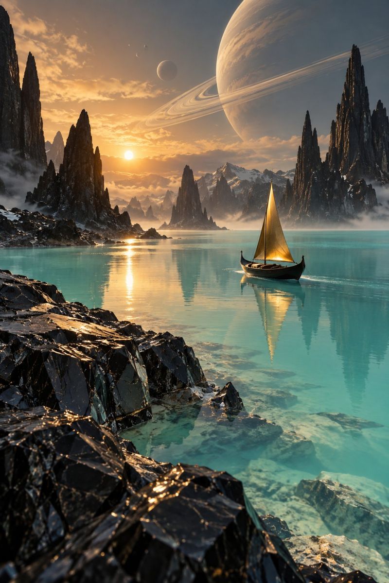 Bateau eau ciel rocher montagne soleil mer nuage reflet coucher ocean colline rochers marin rivage lever un petit voilier à haute voile triangulaire navigue sur un plan d'eau serein et turquoise. L'eau est calme et reflète le ciel et le paysage environnant. Le littoral est rocheux avec des falaises déchiquetées et des montagnes en arrière-plan. Le ciel est un mélange de teintes orange et rose, indiquant le coucher du soleil. Au loin, il y a deux grands corps célestes : l'un semble être une planète avec des anneaux, et l'autre est un objet sphérique plus petit, peut-être une lune. La scène générale est paisible et surnaturelle, avec un sentiment de tranquillité et d'exploration.
