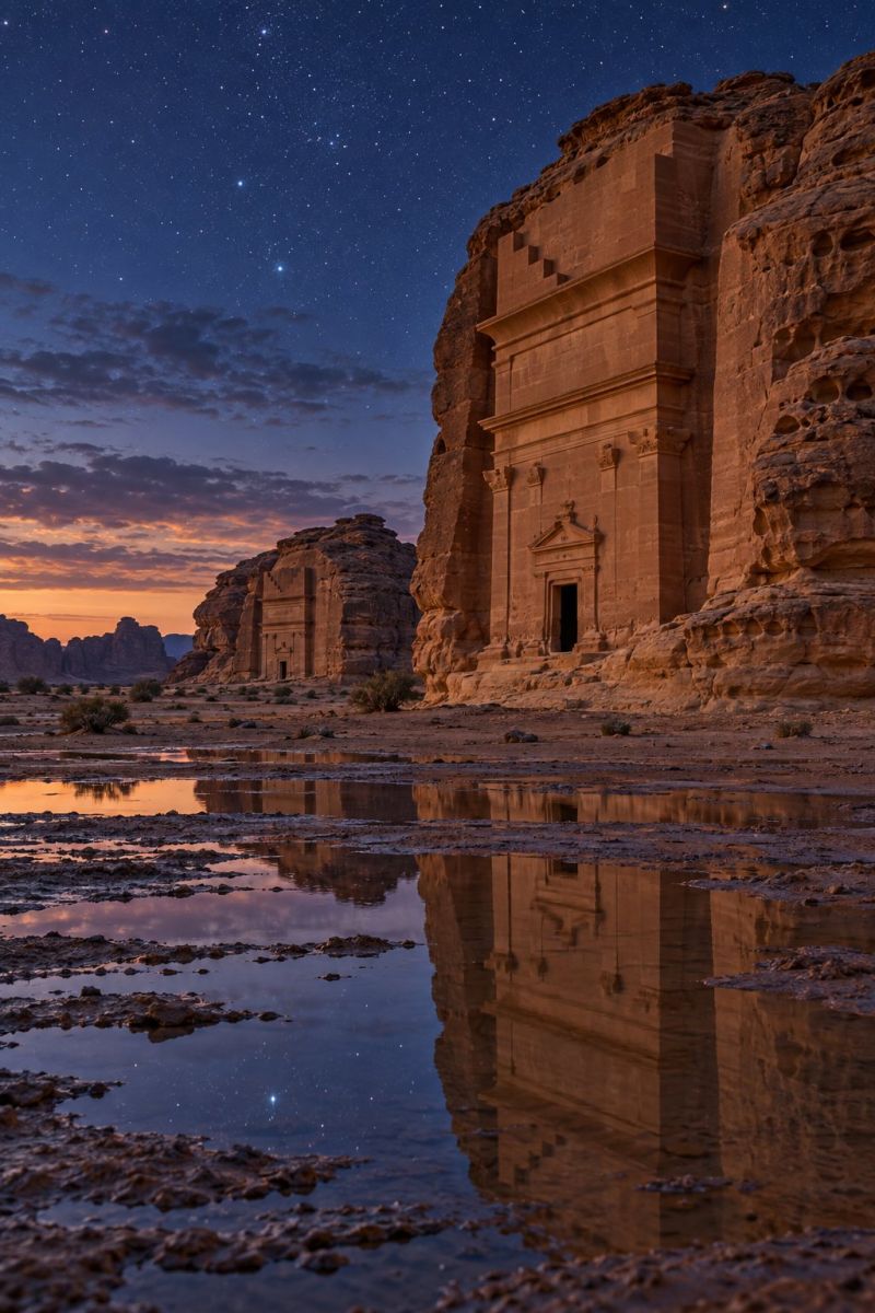 Desert architecture batiment ciel nuit reflet eau roche montagne nuage coucher soleil etoile air voyages antiquite histoire culture patrimoine tourism L'image capture un magnifique paysage désertique au crépuscule ou à l'aube. Au premier plan, on aperçoit un plan d'eau reflétant le ciel et l'ancienne architecture rupestre du site. L'architecture est en grès et présente des sculptures complexes et une entrée majestueuse. Le ciel est d'un bleu profond, passant à une teinte plus claire près de l'horizon, avec quelques étoiles visibles. La scène générale est sereine et majestueuse, l'architecture se détachant du décor naturel en toile de fond.