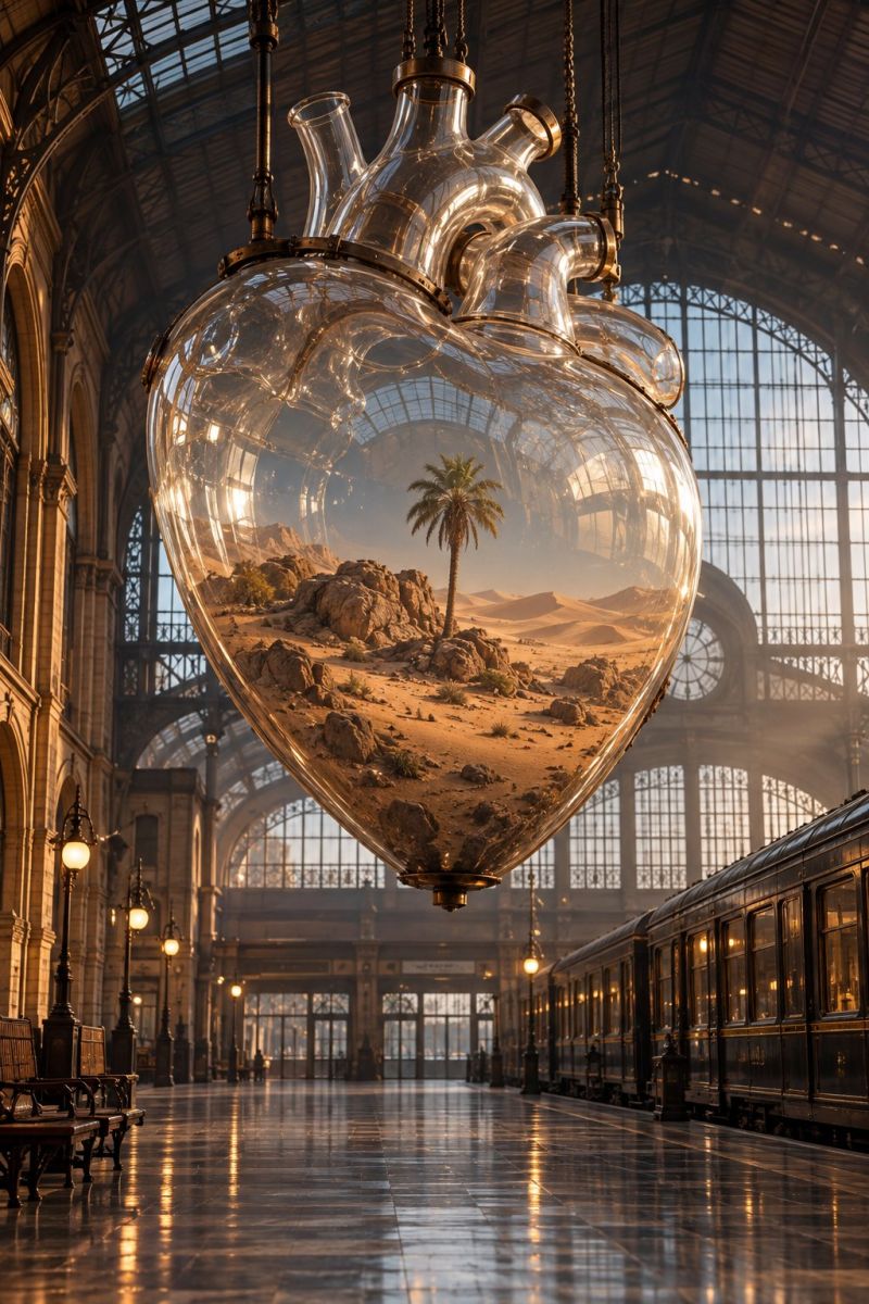 Given into heart coeur glass verre interior interieur architecture desert rocks rochers sand sable reflection reflexion bench banc lamp lampe train Une grande sculpture en verre en forme de coeur est suspendue au plafond d'une majestueuse gare voûtée. La sculpture reflète un paysage désertique avec un palmier, créant un effet surréaliste et artistique. La gare est spacieuse avec de hauts plafonds, de grandes fenêtres voûtées et un sol en marbre poli. Un train avec plusieurs wagons est garé sur le côté droit, et la zone est bien éclairée avec de hauts lampadaires ornés. Des bancs sont placés le long du côté gauche de la gare.