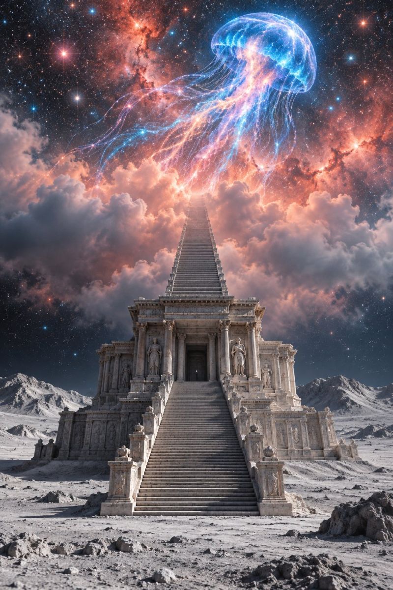 Architecture building cloud clouds concept design fantasy fictional galaxy imagination painting In the foreground, there is a grand, ancient-looking stone structure with a wide staircase leading up to a large, open doorway. The structure is surrounded by a barren, rocky landscape. Above the structure, a large, glowing jellyfish floats against a back of a vibrant, colorful nebula with swirling clouds and stars. The sky is a deep, dark blue, contrasting with the bright, ethereal colors of the jellyfish and nebula.