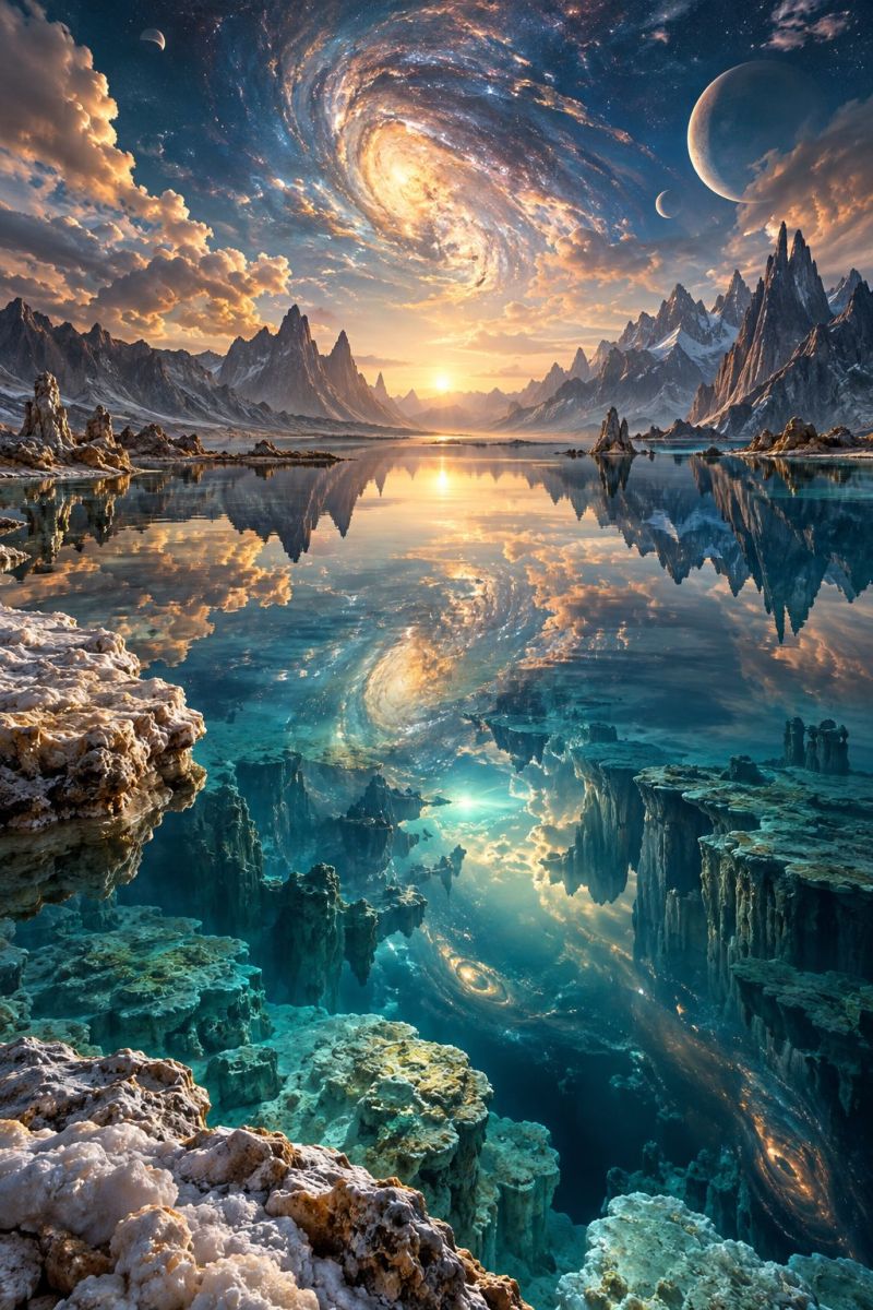 Space galaxy universe cosmos astronomy star planet nebula celestial cosmic starry astrophysics astrophotography outer night sky exploration surreal landscape with a large body of water reflecting the sky and mountains. The water is calm and clear, mirroring the sky's colors and the surrounding rocky terrain. The sky is filled with vibrant hues of orange and pink from the setting sun, with a large, glowing galaxy in the center. The galaxy features swirling clouds of stars and nebulae, creating a mesmerizing effect. In the distance, there are several large, rocky mountains with snow-capped peaks. The scene is both otherworldly and beautiful, with a sense of tranquility and wonder.