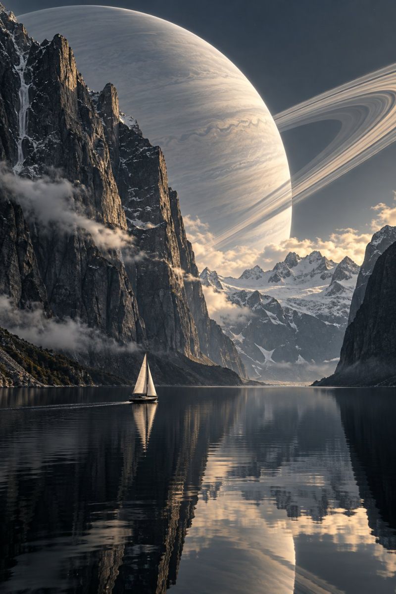 Montagnes lac reflet eau ciel nuages neige nature bateau voile mer soleil lever coucher brouillard brume rocher rocheux un voilier navigue sur un lac calme, dont le reflet est visible à la surface de l'eau. Le lac est entouré de montagnes escarpées, dont certaines sont couvertes de neige. À l'arrière-plan, une grande planète lumineuse dotée d'un système d'anneaux, peut-être Saturne, crée une atmosphère surréaliste et surnaturelle. Le ciel est sombre et la scène est illuminée par une lumière douce et chaude, provenant probablement du soleil couchant.