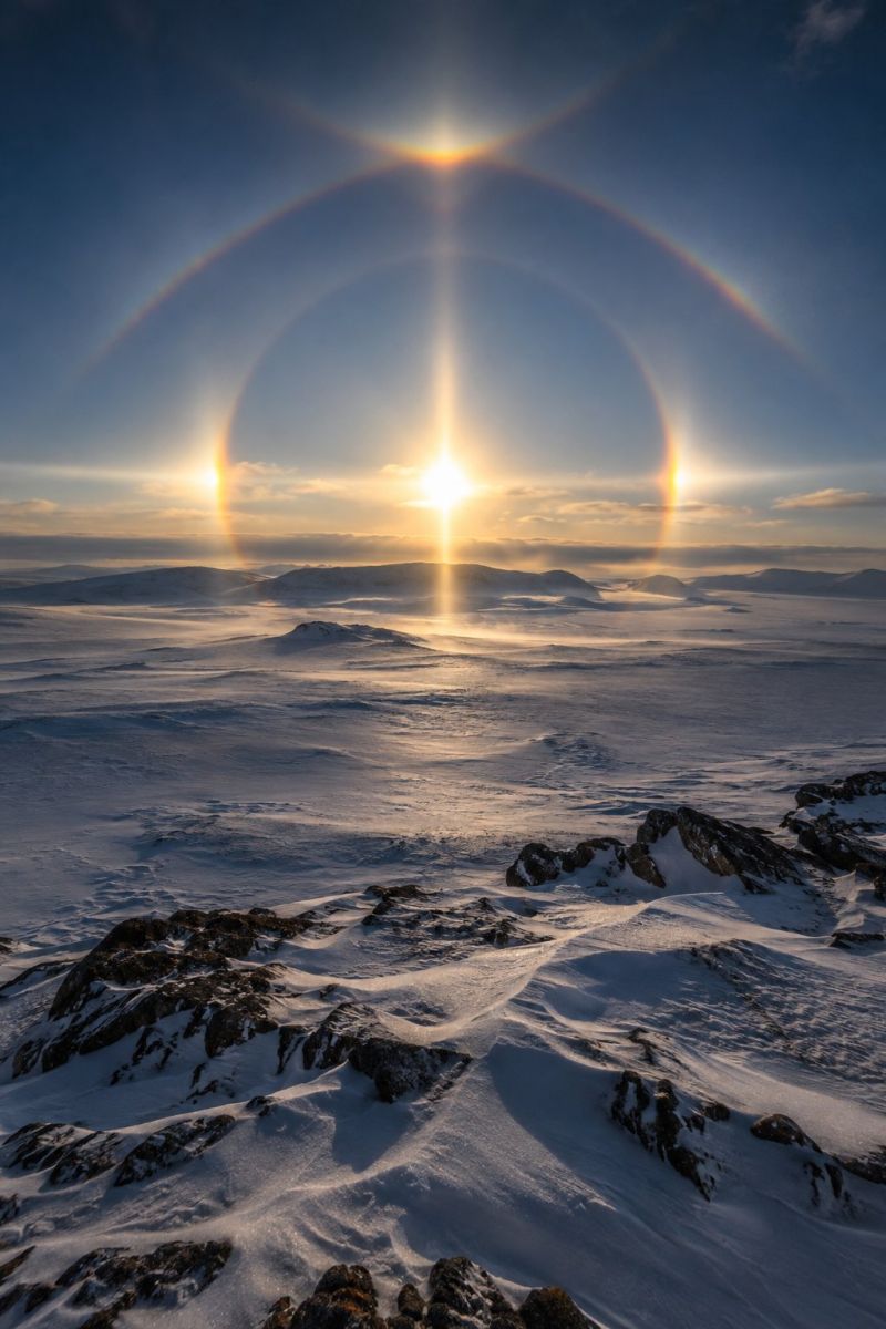 Halo triple autour soleil hiver image photographie magnifique prise précise montrant les méfaits sauvage des activités humaines sur la biodiversité sur la halo triple autour soleil d hiver