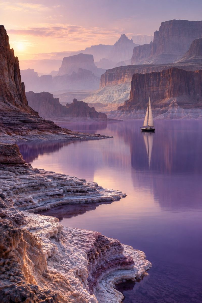 Lake mountain water sky sunset reflection boat sea rock cliff shore ocean hill waterfront nature cloud horizon island A sailboat is sailing on a calm, deep purple lake. The lake is surrounded by rugged, rocky cliffs with a mix of brown and white colors. The sky is a mix of pink and blue hues, indicating either sunrise or sunset. The water reflects the sky and the surrounding cliffs, creating a serene and picturesque scene.