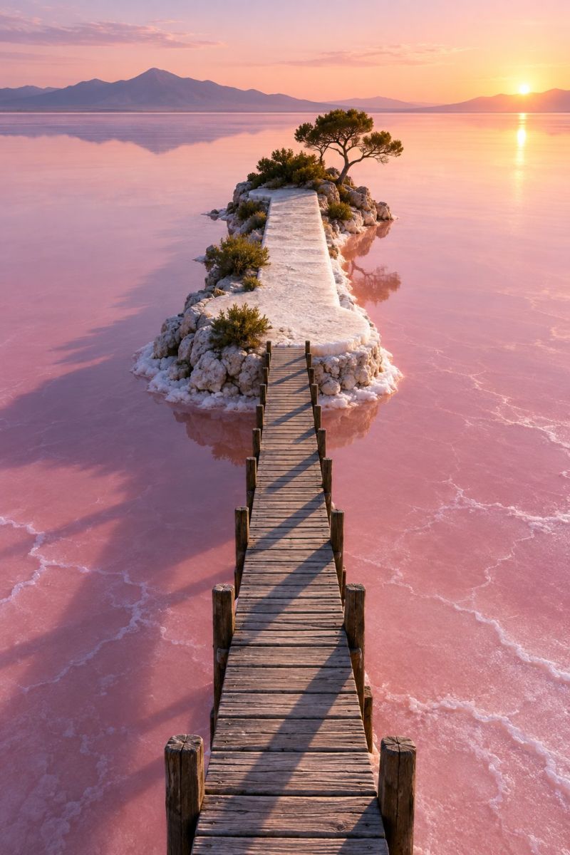 Lake water sunset sky reflection bridge wood path island tree rock mountain sea nature outdoors pink beauty A wooden pathway extends from the shore into a vast, pink-hued lake. The lake's water is calm and reflects the sky's hues, creating a serene and almost surreal landscape. On the right side of the pathway, there's a small island with a tree and some greenery. The sun is setting in the distance, casting a warm, golden light over the scene. The sky is a mix of orange and pink, with the sun's rays gently touching the water's surface. In the background, there are mountains that are silhouetted against the setting sun.