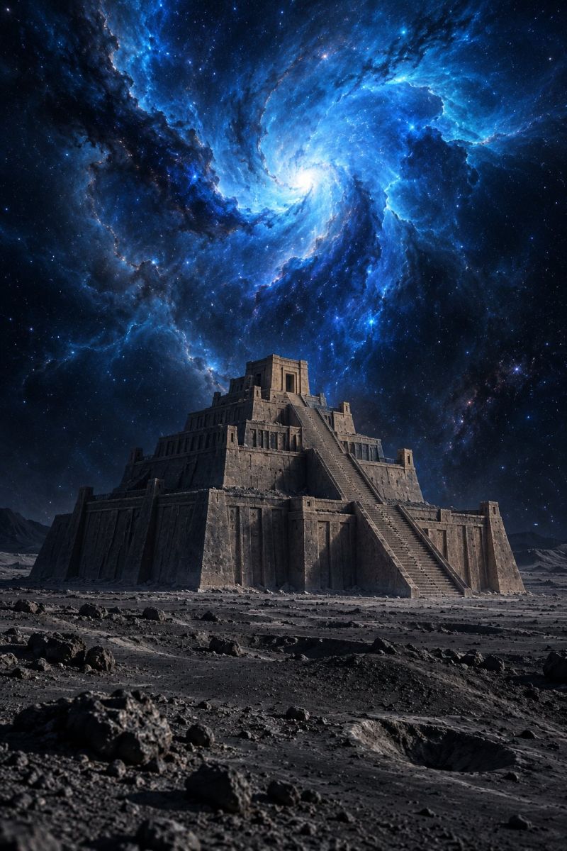 Ancient architecture astronomy building city cityscape cosmos desert fantasy fictional galaxy imaginary night pyramid space ziggurat, a type of ancient stepped pyramid, standing prominently in a barren landscape. The ziggurat is made of stone and has a series of terraces leading up to a flat top. The structure is surrounded by a dark, rocky terrain with scattered stones. The sky above is a deep blue, filled with a swirling galaxy, stars, and a bright, glowing center, possibly a supernova or a star. The galaxy's colors range from dark blues to bright whites, creating a dramatic and otherworldly backdrop.