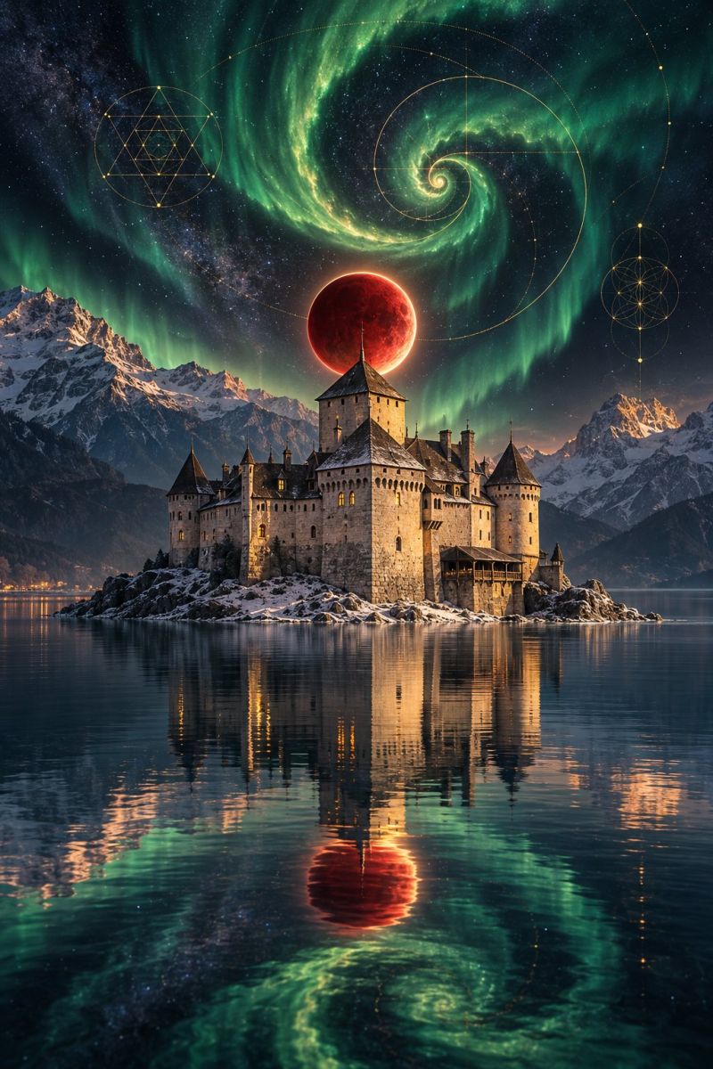 Castle night sky water reflection architecture mountain lake building fantasy aurora astronomy A medieval castle stands on a rocky island in a serene lake, surrounded by snow-capped mountains. The castle is illuminated by the warm glow of its windows against the dark night sky. Above the castle, a striking red moon is partially eclipsed, casting a dramatic shadow. The sky is filled with vibrant green auroras, swirling in intricate patterns, and dotted with golden geometric shapes. The reflection of the castle and the moon shimmers on the calm, dark water below.