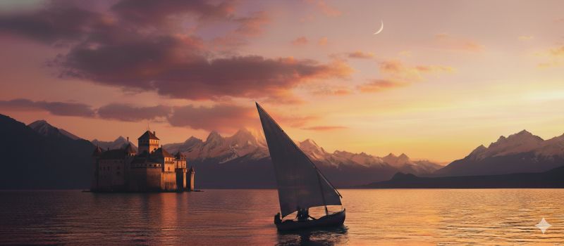 Sunset castle boat lake mountains sky water reflection sailing evening horizon clouds ship boats ships a sailboat is sailing on a calm lake at sunset. The sailboat has a tall, triangular sail. In the background, there is a castle situated on a small island, surrounded by mountains. The sky is painted with hues of orange, pink, and purple, with a crescent moon visible. The water reflects the colors of the sky, creating a serene and picturesque scene.