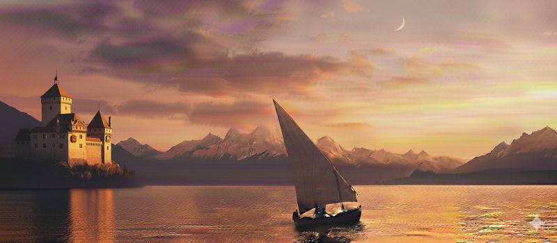 Chateau bateau coucher soleil montagne eau ciel reflet navigation soiree mer horizon nuages navire Un voilier navigue sur un plan d'eau calme, avec un château majestueux situé sur une petite île en arrière-plan. Le château est entouré de montagnes, et le ciel est peint de teintes orange et roses, indiquant le coucher du soleil. L'eau reflète les couleurs du ciel, créant une scène sereine et pittoresque. Le voilier semble se diriger vers le château, avec une personne assise dessus, profitant peut-être du moment tranquille. La lune croissante est visible dans le ciel, ajoutant à l'atmosphère enchanteresse de l'image.