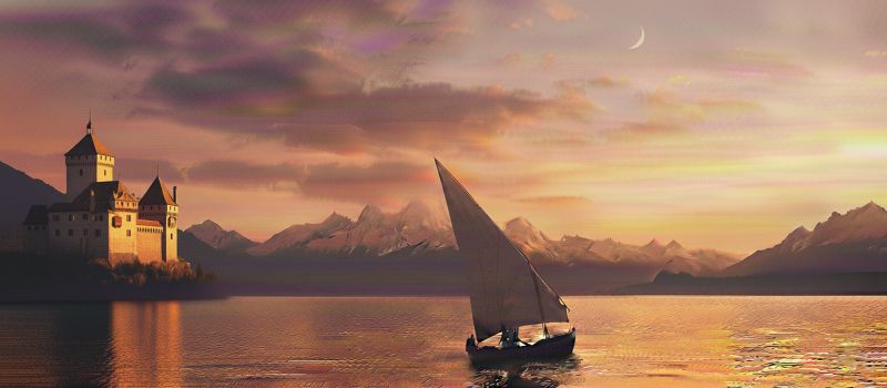 Chateau bateau montagnes coucher soleil eau ciel reflet navigation soiree horizon nuages lune mer voyage aventure nature Un voilier navigue sur un lac calme, avec son reflet scintillant à la surface de l'eau. Le voilier a une voile triangulaire, et il y a une personne assise dedans. En arrière-plan, il y a un château avec une tour, situé sur une petite île. Le château est entouré de montagnes, et le ciel est peint de teintes d'orange et de rose, indiquant un coucher de soleil. La lune est visible dans le ciel, ajoutant à l'atmosphère sereine et pittoresque.