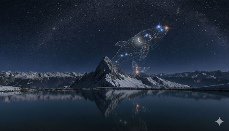 Nuit ciel montagne lac eau reflet neige baleine etoiles galaxie nature air faune astronomie celeste univers cosmos Une baleine majestueuse est représentée s'élevant gracieusement dans le ciel nocturne, son corps délimité par une constellation d'étoiles. La silhouette de la baleine est éclairée par la douce lueur des étoiles, créant un effet magique et éthéré. Le ciel nocturne est d'un bleu profond et sombre, parsemé d'innombrables étoiles qui brillent faiblement. Sous la baleine, une chaîne de montagnes sereine est couverte de neige, ses pics s'élevant vers les cieux. Les montagnes se reflètent dans un calme plan d'eau sombre, miroir des étoiles et de la baleine au-dessus. La scène est paisible et impressionnante, capturant la beauté de la nature et l'émerveillement du ciel nocturne.