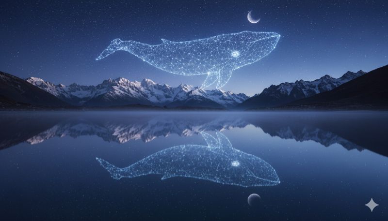 Whale night sky reflection lake mountain water moon star nature wildlife ocean sea cloud hill snow dark a large, glowing whale appears to be leaping out of a serene, dark blue lake. The whale is depicted with a network of glowing dots, giving it a futuristic, digital art appearance. The lake is calm, reflecting the night sky, which is filled with stars and a crescent moon. In the background, there are snow-capped mountains, adding to the tranquil and mystical atmosphere of the scene. The reflection of the whale and the celestial bodies is mirrored perfectly in the water, enhancing the sense of depth and tranquility.