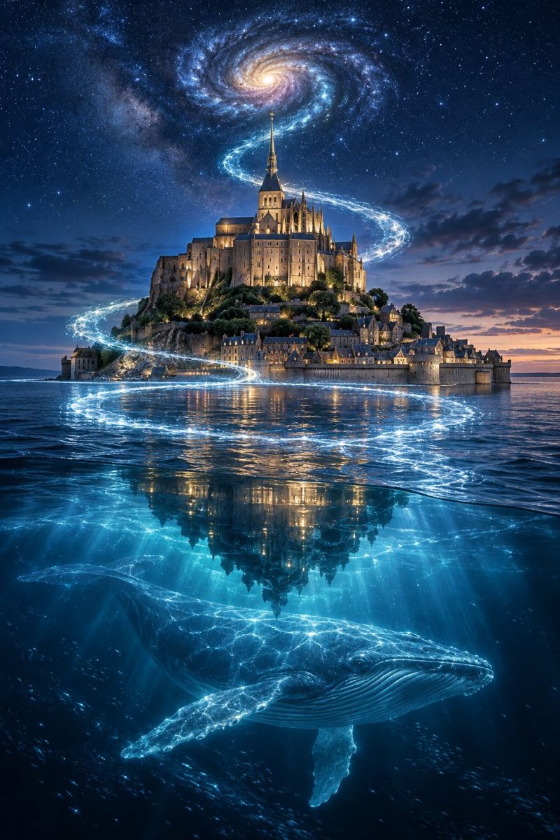 Castle architecture fantasy night sky stars galaxy reflection water ocean whale building tower spire medieval fort fortification monument structure surreal scene featuring a majestic castle perched on a rocky island in the middle of the ocean. The castle is illuminated by warm lights, casting a golden glow that reflects off the calm, blue waters surrounding it. Above the castle, a spiral galaxy with vibrant colors and stars adds a magical touch to the night sky. The castle's reflection is visible in the water below, creating a mirror image that enhances the mystical atmosphere. A large, glowing whale swims gracefully beneath the castle, its body shimmering with a soft, ethereal light. The scene is set against a back of a deep blue sky, dotted with stars and a hint of twilight on the horizon.