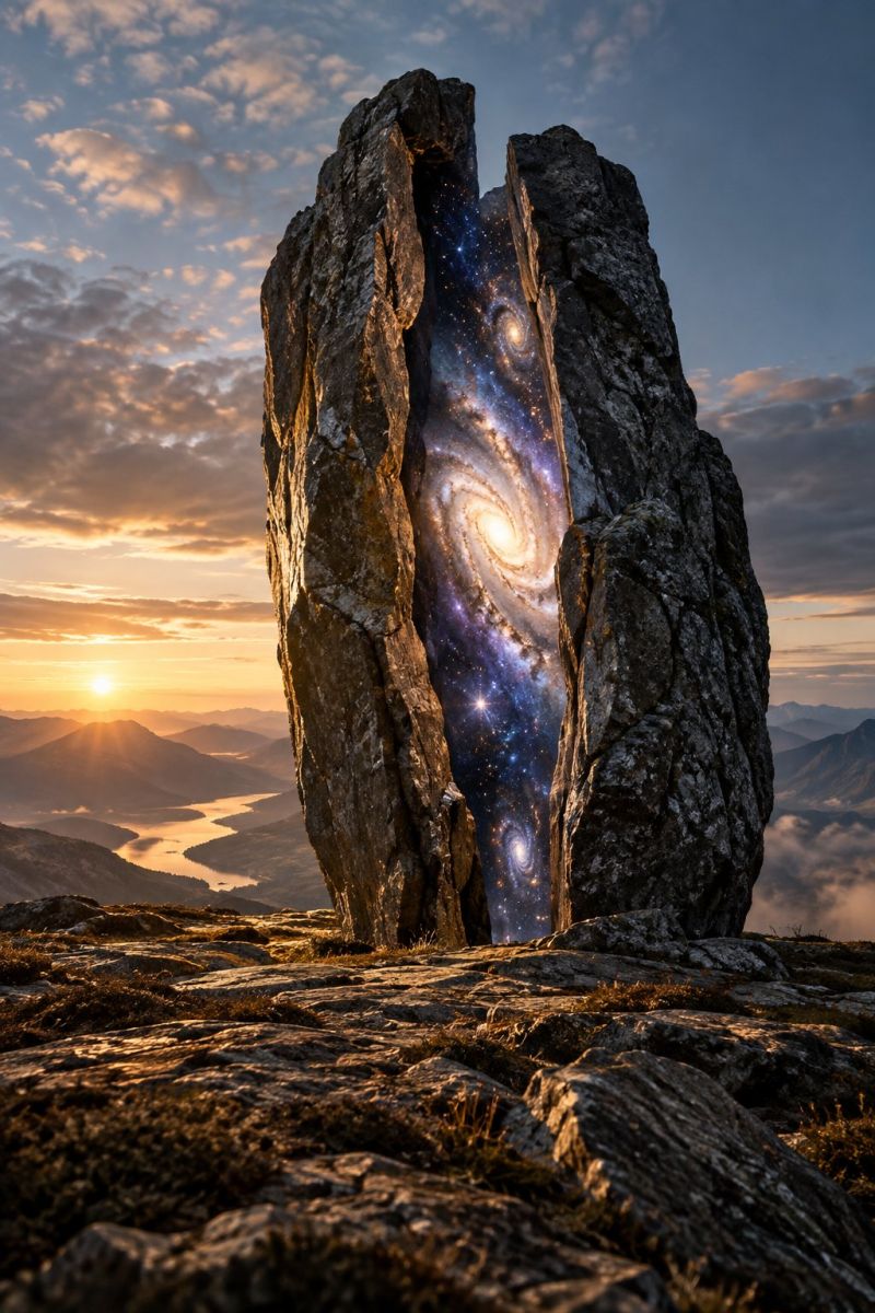Rocher montagne galaxie espace nuit ciel nuage coucher soleil astronomie univers etoile cosmos celeste observation etoiles Une grande formation rocheuse se dresse bien en vue sur le sommet d'une montagne rocheuse, avec une ouverture profonde et sombre révélant une scène cosmique époustouflante. À l'intérieur de l'ouverture, une galaxie vibrante avec des étoiles tourbillonnantes et des nébuleuses s'affiche sur un fond sombre. La galaxie possède un noyau central brillant entouré de bras spiraux remplis d'étoiles et de poussière cosmique. Le ciel à l'extérieur de la roche est un mélange de teintes bleues et oranges, indiquant le soleil couchant. Au loin, un paysage serein se dévoile avec des montagnes, une rivière et un ciel clair, le tout baigné par la lumière chaude et dorée du coucher de soleil.