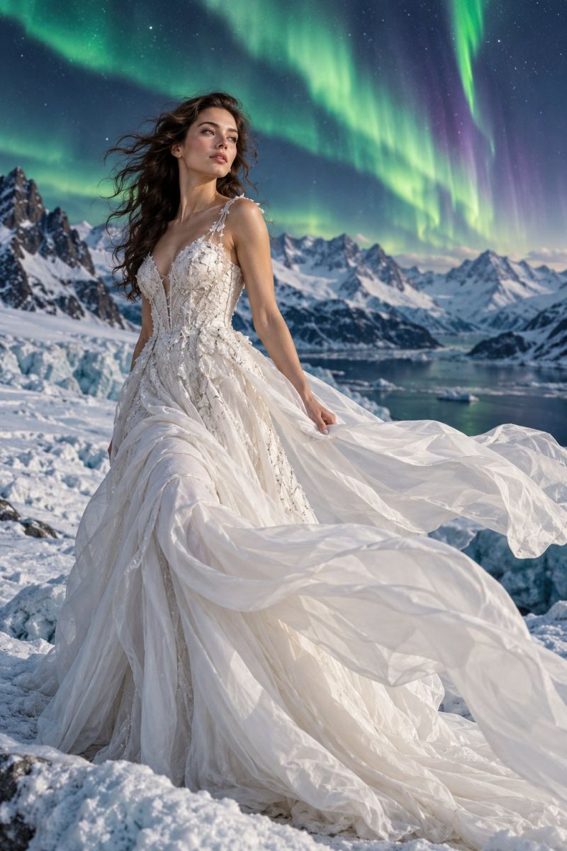 Mariee mariage robe montagne neige iceberg fjord glacier hiver aurore boreale nordique nuit ciel etoile rocheux falaise lac polaire region Une femme se tient debout sur une montagne enneigée, ses longs cheveux bouclés coulant librement. Elle porte une robe de mariée blanche au design complexe avec un corsage sans bretelles et une jupe fluide qui s'enroule autour d'elle. La robe est ornée de dentelle délicate et de décorations scintillantes. Elle regarde vers la droite, son expression sereine. Derrière elle, le ciel nocturne est illuminé par les couleurs éclatantes des aurores boréales, projetant une lueur magique sur le paysage enneigé. Au loin, de majestueuses montagnes enneigées et un plan d'eau serein recouvert de glace flottante ajoutent à ce paysage enchanteur.