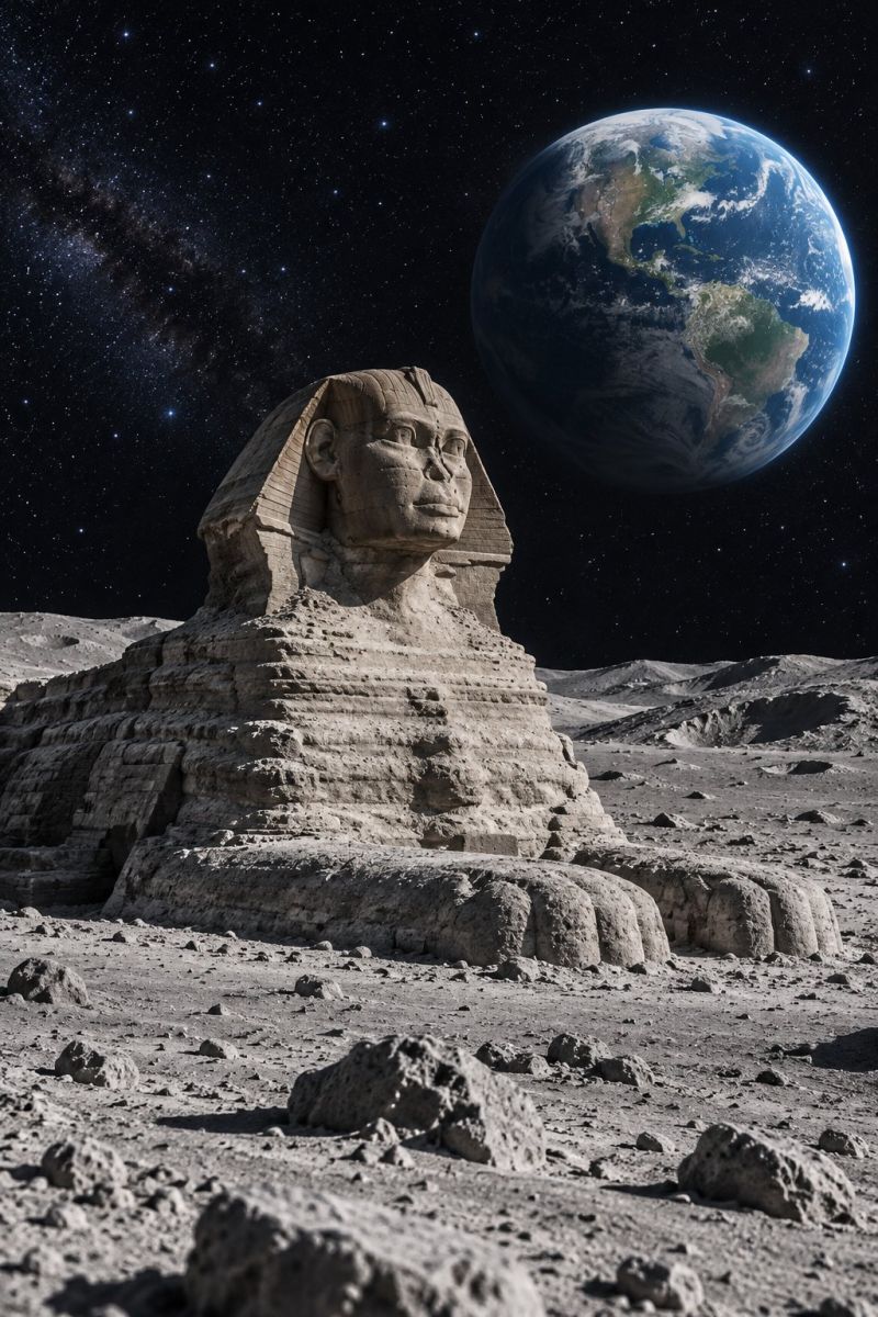 Moon earth space planet sky night star universe galaxy astronomy cosmos celestial cosmic astronomical outer exploration starry travel large, iconic Sphinx statue sitting on the moon's surface. The Sphinx has a human head with a headdress and a lion's body, carved from stone. The statue is positioned in the foreground, with the moon's rocky terrain visible around it. In the background, Earth is depicted as a large, blue-green sphere, with a clear view of the continents and oceans. The sky is dark, with stars and a faint Milky Way visible, creating a dramatic and otherworldly atmosphere.