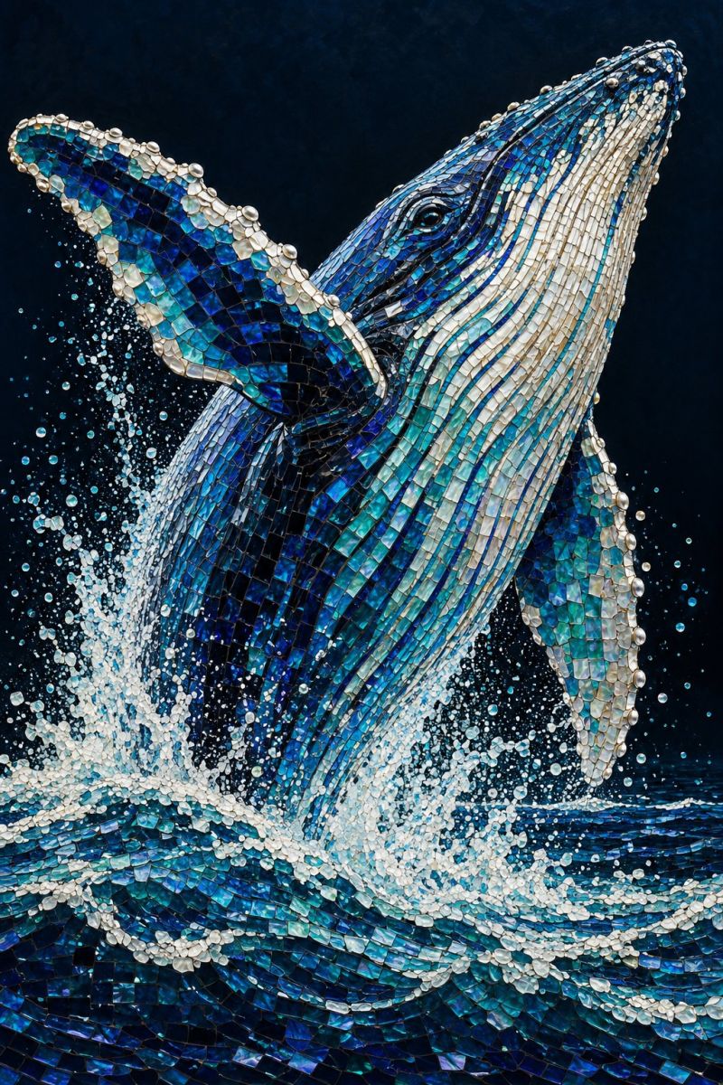Baleine mosaique eau eclaboussure ocean vagues bulles pulverisation pulverise superbe oeuvre d'art en mosaïque représentant une baleine à bosse sautant hors de l'eau. Le corps de la baleine est composé de petits morceaux complexes de verre et de carreaux de céramique, principalement dans des tons de bleu, de blanc et de gris. La mosaïque capture le mouvement dynamique de la baleine, avec sa queue et ses nageoires pectorales relevées, créant une sensation de mouvement et d'énergie. L'eau autour de la baleine est également représentée dans un style mosaïque, avec des carreaux bleus et blancs qui imitent l'apparence des éclaboussures d'eau. Le fond est d'un bleu profond, ce qui renforce le contraste et fait ressortir la baleine et l'eau. L'effet global est à la fois artistique et réaliste, mettant en valeur la beauté et la puissance de la vie marine à travers un médium unique.