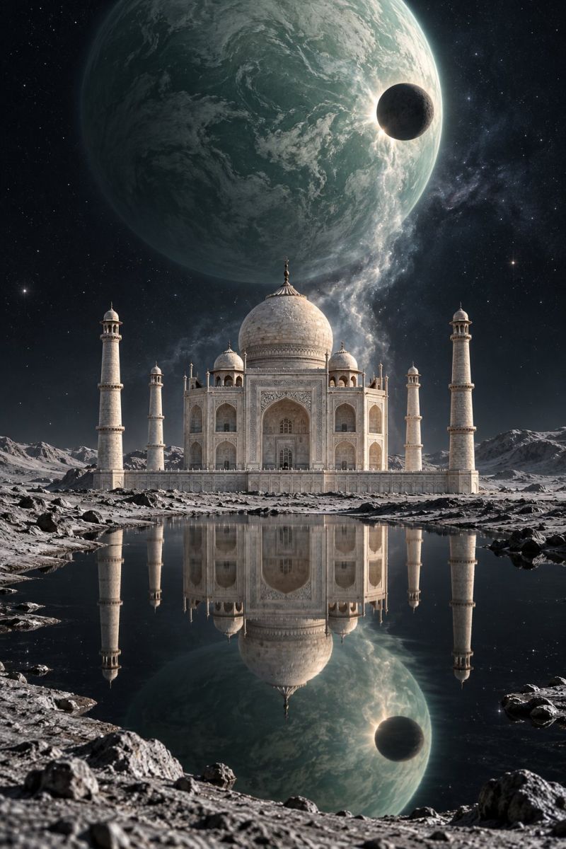 Architecture building dome earth exterior garden green indian marble moon muslim night planet reflection religion sky space structure The image features the Taj Mahal, a white marble mausoleum, set against a back of a large planet and a moon. The Taj Mahal is reflected in a body of water, creating a mirror image of the structure. The building has a large central dome and four smaller domes at the corners, with four minarets surrounding it. The sky is dark and filled with stars, and the planet and moon are prominently displayed in the background. The overall scene has a surreal and otherworldly feel, with the Taj Mahal appearing to float in the water and the planet and moon looming large in the sky.