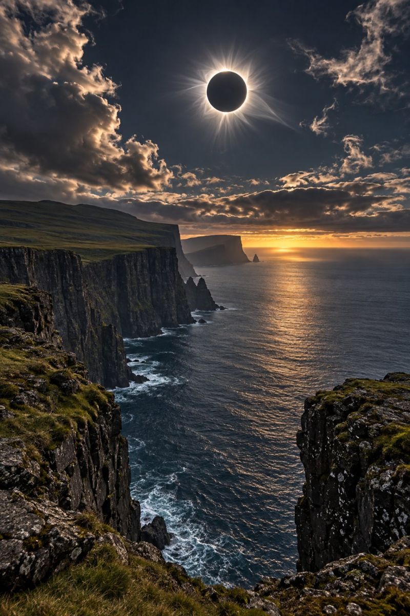 Falaise ocean ciel soleil eau roche mer nuage montagne coucher horizon nature lever nuages ile rocheux L'image capture une scène époustouflante d'une éclipse solaire totale au-dessus d'un paysage côtier spectaculaire. Le soleil est presque complètement masqué par la lune, créant un anneau de lumière spectaculaire connu sous le nom d'effet « bague en diamant ». Le ciel est d'un bleu profond, avec des nuages épars qui captent la lumière du soleil, ce qui ajoute à la qualité éthérée de la scène. En contrebas, une falaise abrupte s'enfonce abruptement dans l'océan et les vagues s'écrasent contre les rochers. L'océan est d'un bleu profond, reflétant les couleurs du ciel et du soleil. Au loin, une autre falaise est visible, avec une petite île ou une formation rocheuse. La scène d'ensemble est une scène de beauté naturelle et d'émerveillement, capturant la puissance et la majesté de l'univers.