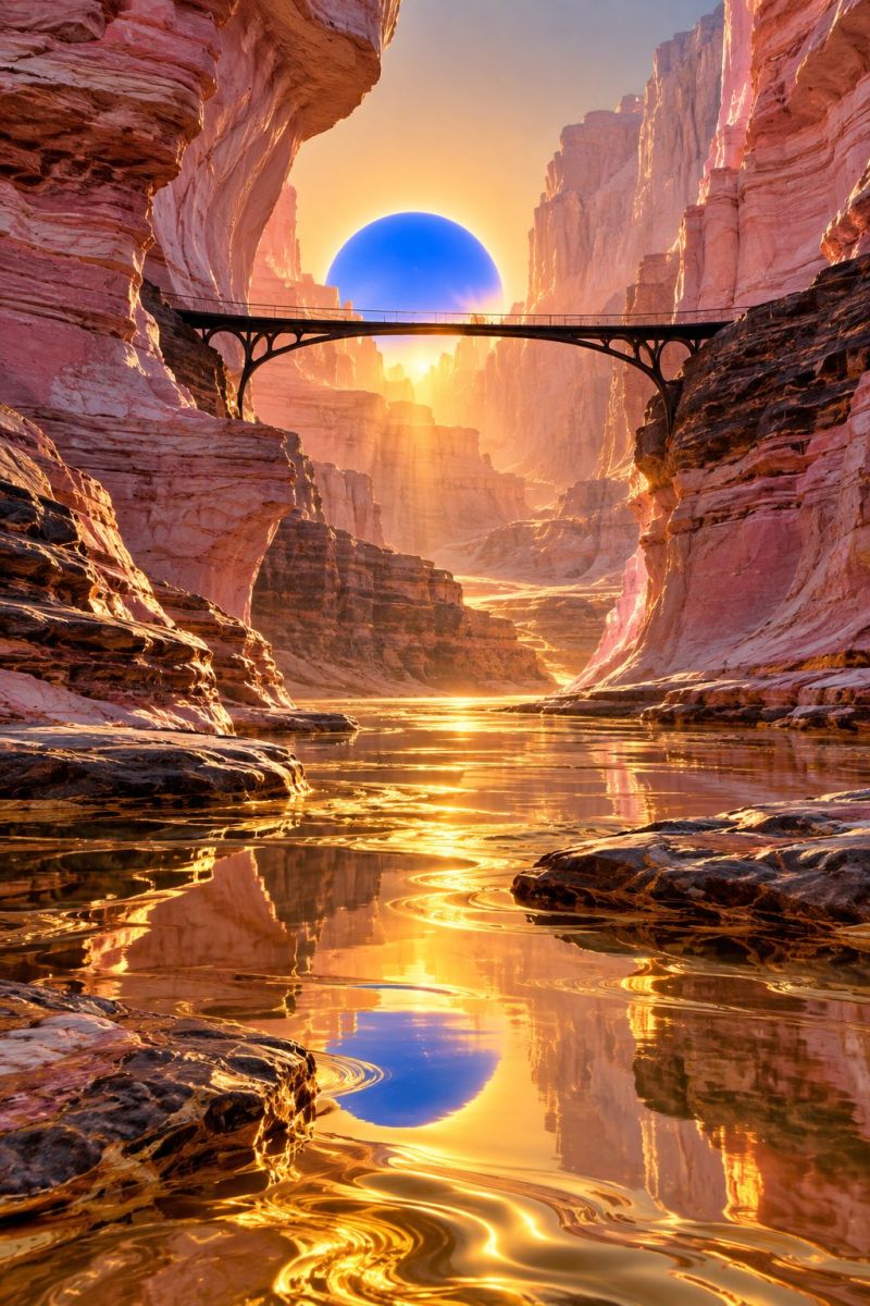 Bridge canyon cliff desert earth evening glow golden hour sunset sky a large, glowing blue sphere is set against a back of a canyon with steep, rocky cliffs. The sphere is positioned in the center of the image, casting a soft blue light that reflects off the water below. The water is calm and mirrors the cliffs and the sky, creating a serene and almost surreal scene. A bridge with an arch design spans the canyon, connecting the cliffs on either side. The sky above is a mix of warm sunset colors, with hues of orange and pink blending into a clear blue. The overall atmosphere is tranquil and otherworldly, with the natural elements of the canyon and the artificial bridge creating a striking contrast.