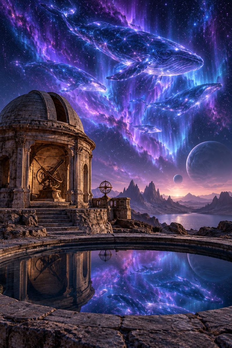 Astronomy celestial cosmic cosmos dreamlike fantasy galactic galaxy heavenly imagination infinity interstellar planetary starry stellar universe night In the foreground, there is a circular pool of water reflecting the sky and the surrounding area. The pool is surrounded by a stone wall. To the left of the pool, there is an old, weathered building with a dome-shaped roof and a large, open entrance. Inside the building, there is a large, ornate telescope. In the sky, there are three whales swimming in a formation, with the largest one in the middle. The sky is filled with stars and a nebula, with a large planet visible in the distance. The water is calm, and the reflection of the whales and the sky can be seen in the pool.