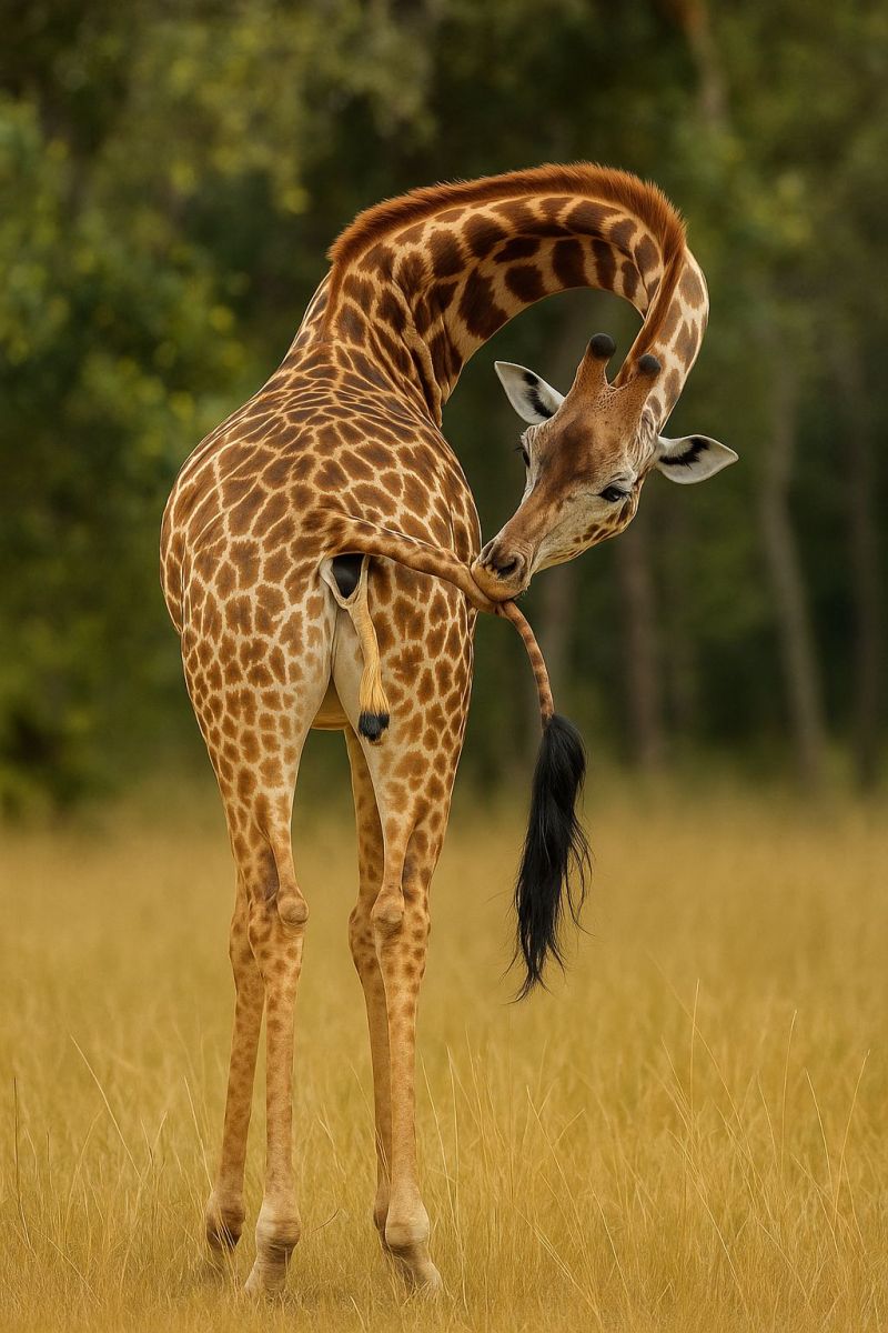 Girafe faune nature animal safari prairie grande plus mammifere herbivore tachete brun jaune queue cou tete oreille Dans un champ herbeux, une girafe se tient debout, la tête baissée, tendant son long cou pour lécher ses quartiers arrières. La girafe a un motif distinctif de taches brunes sur sa peau brun clair. Sa queue est longue et se termine par une touffe de poils noirs. L'arrière-plan est flou avec des arbres et de la verdure, suggérant un habitat naturel. La posture de la girafe et le cadre indiquent un moment de toilettage ou de nettoyage.