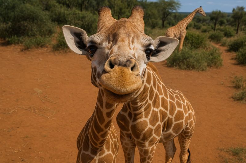 Girafe faune safari animal nature air mammifere soleil herbe buisson arbre terre oeil oreille tete jambe sol Une girafe se tient de manière proéminente au premier plan, sa tête légèrement inclinée vers la gauche, et sa bouche légèrement ouverte comme si elle souriait. La peau marron et blanche à motifs de la girafe est visible, avec des taches plus sombres autour de ses yeux et le long de son cou. Derrière la girafe, une autre girafe est partiellement visible, se tenant plus en arrière et paraissant plus petite. Le fond est un paysage sec et poussiéreux avec une végétation clairsemée, comprenant des buissons et des arbres, sous un ciel bleu clair. Le sol est brun-rouge, indiquant une saison sèche ou un environnement aride.