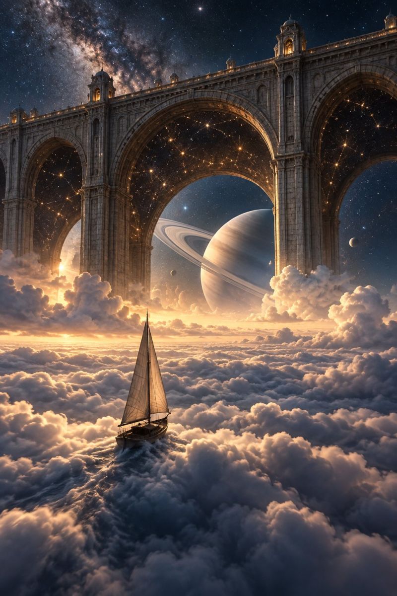 Bridge cloud clouds cosmos dream dreamlike fantasy fiction galaxy imagination moon night planet sailboat sailing sky space star In the foreground, a sailboat glides gracefully through a sea of clouds, its sails billowing in the gentle breeze. The clouds are thick and puffy, casting soft shadows on the water below. Behind the sailboat, a massive stone bridge arches across the sky, its intricate design illuminated by the soft glow of the setting sun. The bridge's arches are adorned with intricate carvings and small, glowing lights that resemble stars. In the distance, a large planet with rings orbits a bright star, adding a touch of cosmic wonder to the scene. The sky is a deep, dark blue, dotted with countless stars that twinkle like diamonds against the night.