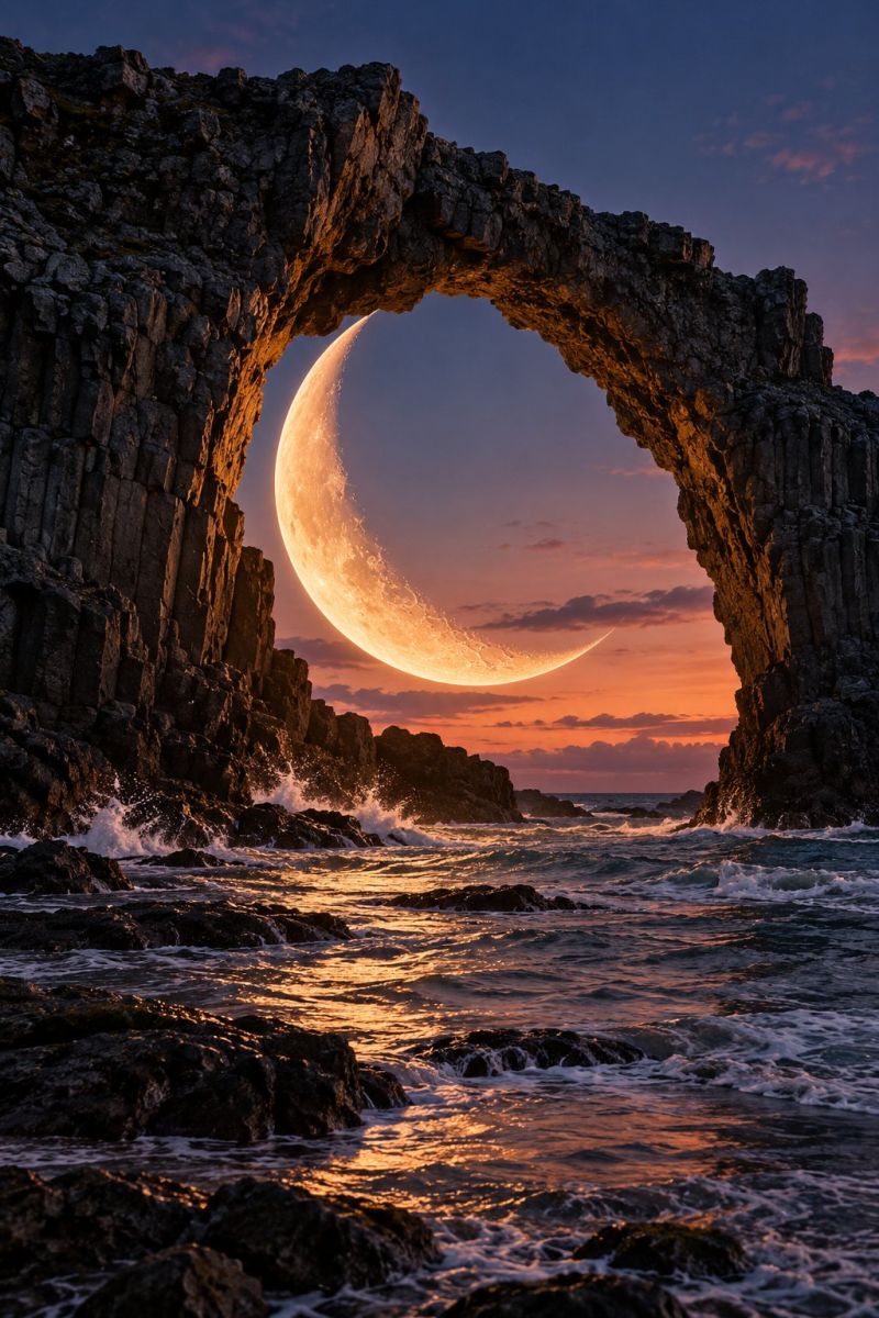Moon sunset rock water sky nature sea rocky cliff ocean cloud shore formation dramatic and serene scene of a crescent moon rising above a rugged cliff formation. The moon is large and bright, casting a soft, golden light that illuminates the rocky cliff and the surrounding area. The cliff is jagged and appears to be made of dark, weathered stone, with a natural arch-like opening that frames the moon perfectly. The sky behind the moon is a deep blue, transitioning to a warm orange and pink near the horizon, indicating the setting sun. The sea below the cliff is calm, with gentle waves lapping against the rocks. The water reflects the colors of the sky and moon, creating a tranquil and almost magical atmosphere.