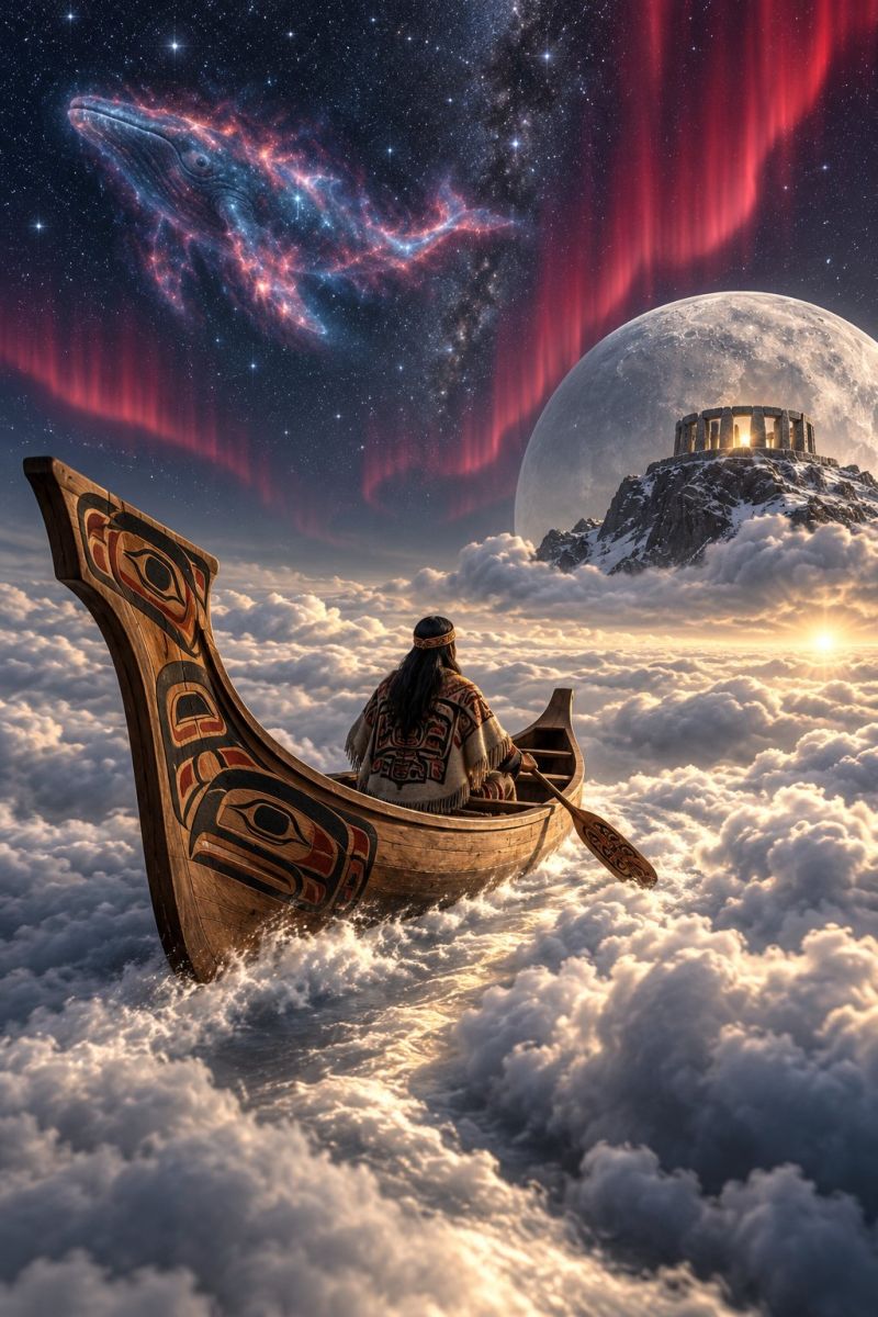 Canoe kayak canoeiste canoeistes Au premier plan, un canot en bois traditionnel orné de sculptures complexes navigue dans les nuages. Le canot est pagayé par une personne en tenue traditionnelle, avec des cheveux longs et un bandeau. Le ciel est rempli d'aurores boréales éclatantes dans des tons de rouge et de vert. Au-dessus du canot, une grande lune rougeoyante est visible, entourée d'un anneau d'étoiles. À l'arrière-plan, une montagne majestueuse surmontée d'une structure en pierre se profile dans le ciel nocturne. Une grande baleine rougeoyante nage dans le cosmos, ajoutant une touche mystique à la scène.