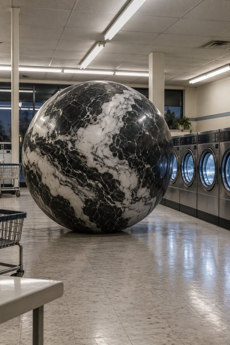 Into ball balle clean propre cleanliness proprete clothes dry secher drying sechage equipment equipement facility installation floor sol industrial Dans une grande pièce bien éclairée, se trouve un objet massif de forme sphérique fait de marbre noir et blanc. La sphère est posée sur le sol, entourée de plusieurs machines à laver. Les machines à laver sont alignées contre un mur, leurs portes ouvertes révélant l'intérieur. La pièce a un aspect propre et moderne avec des murs blancs et des sols carrelés. Il y a aussi quelques chariots de supermarché et une petite table dans la scène. L'éclairage est vif, probablement provenant de plafonniers, projetant des reflets sur le sol.