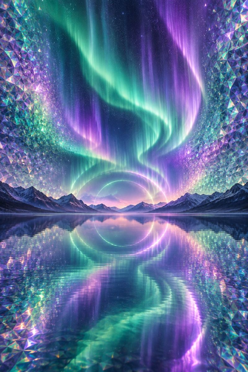 Reflection water lake mountains colorful nature fantasy dreamlike ethereal mystical magical aurora borealis northern night sky geometric shapes serene night sky filled with vibrant auroras in shades of green, purple, and pink. These auroras form sweeping arcs and waves across the sky, creating a mesmerizing and dynamic display. The auroras are reflected on a calm body of water, which mirrors the colors and shapes of the lights above. In the background, there are snow-capped mountains under a dark, starry sky, adding to the tranquil and otherworldly atmosphere. The overall scene is a blend of natural beauty and artistic interpretation, with a focus on the interplay between light and water.