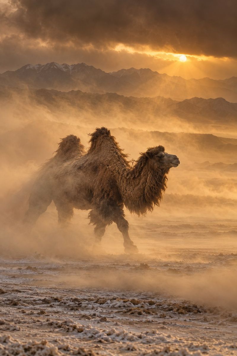 Chameau desert poussiere brouillard montagne sable coucher soleil faune animal beaute nuages terre environnement horizon nature Un chameau court dans un paysage désertique avec un soleil couchant. Le chameau a un pelage épais et hirsute et est couvert de poussière. Le désert est sablonneux avec quelques petits rochers et des plaques de neige. En arrière-plan, il y a des montagnes aux sommets enneigés et le ciel est rempli de nuages. Le soleil se couche et projette une lumière chaude et dorée sur la scène.