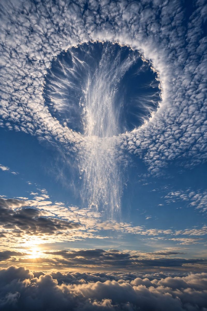 Sky cloud water sun sunlight sunrise sunbeam sunray dramatic scene of a cloud formation in the sky. In the center, there is a large, circular hole in the clouds, through which a waterfall of water appears to be falling. The water is cascading down in a spiral shape, creating a mesmerizing effect. The sky is a deep blue, and the clouds are scattered throughout, with some appearing darker and denser. The sun is setting on the horizon, casting a warm, golden light on the clouds and the waterfall. The overall scene is both awe-inspiring and serene, showcasing the beauty and power of nature.