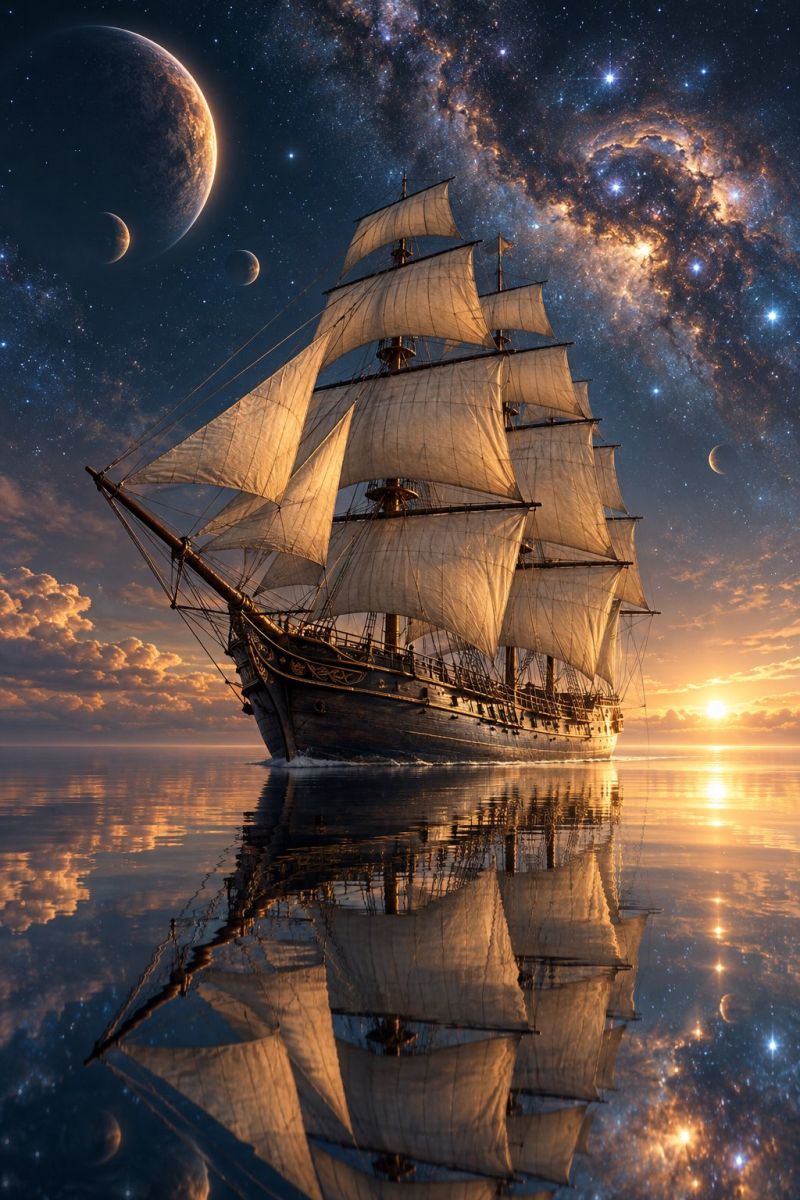 Ship sail ocean reflection sky cloud space star planet universe night sunset water astronomy galaxy celestial cosmic exploration A large sailing ship with multiple sails is sailing on a calm sea under a starry night sky. The ship's reflection is visible on the water's surface. The sky is filled with stars, and there are several celestial bodies like planets and moons in the background. The ship appears to be moving towards the sunset, which is visible on the horizon, casting a warm glow on the water and sky.