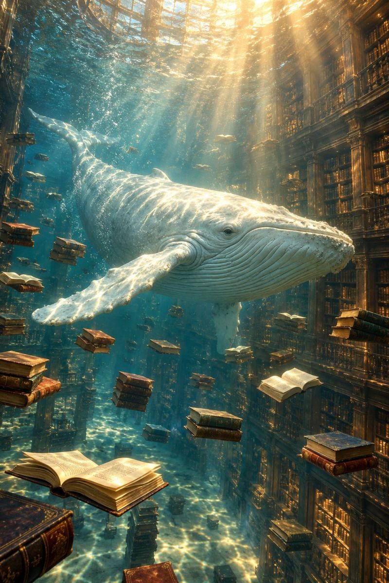 Ces whale baleine books livres library bibliotheque underwater sous eau sunlight soleil fantasy fantaisie imagination architecture ceiling plafond Dans une scène surréaliste sous l'eau, une grande baleine nage gracieusement à travers une bibliothèque remplie de livres flottants. Les étagères de la bibliothèque sont remplies de livres, et la lumière du soleil pénètre par le plafond, projetant une douce lueur. Le corps de la baleine est illuminé par la lumière du soleil, et son ombre tombe sur l'eau en dessous. Les livres flottent dans diverses positions, certains ouverts et d'autres fermés, ajoutant à l'atmosphère fantaisiste. L'eau est claire, permettant une vue détaillée de la baleine et des livres.
