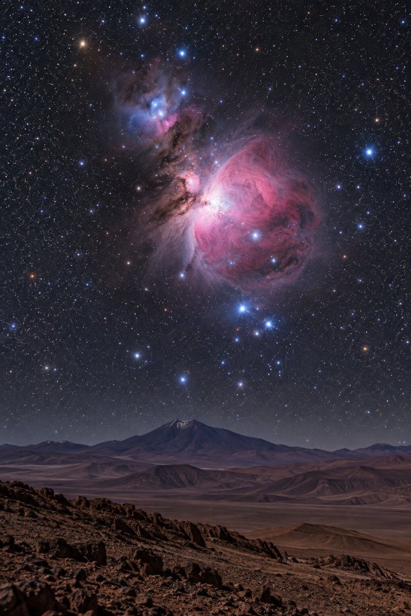 Etoiles nebuleuse astronomie cosmos univers celeste galaxie espace cosmique astrophotographie nocturne astronomique nuit ciel etoile exploration amour L'image montre un ciel nocturne à couper le souffle rempli d'étoiles et de nébuleuses. Au centre, une nébuleuse proéminente brille dans des tons de rose et de violet, entourée d'un halo de teintes bleues et violettes. La nébuleuse est située au centre, avec une chaîne de montagnes visible au premier plan, recouverte de rochers et d'une végétation clairsemée. Le ciel est sombre et parsemé de nombreuses étoiles, créant une scène sereine et impressionnante.