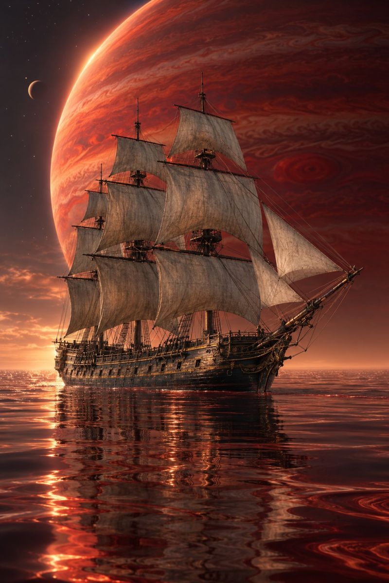 Navire ocean eau ciel nuit planete lune espace etoile voile bateau Un grand voilier à l'ancienne avec plusieurs mâts et voiles navigue sur un océan rouge foncé. Le navire a un aspect vieilli et ses voiles et sa coque présentent des signes d'usure. L'océan est illuminé par une grande planète rouge en arrière-plan, qui présente des motifs tourbillonnants et une teinte rougeâtre. Le ciel est sombre, avec un croissant de lune et quelques étoiles visibles. Le reflet du navire est visible à la surface de l'eau, qui est également rouge.