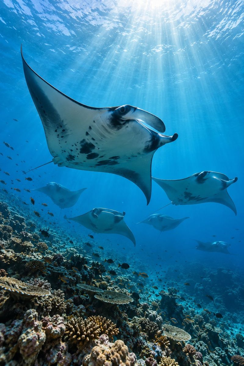 Ocean poisson sous marin soleil tropical mer faune aquatique recif natation nature bleu plongee apnee marine exploration corail manta raie vie Dans la scène sous-marine, plusieurs grandes raies manta arborant des motifs noirs et blancs distinctifs sur leurs ailes nagent gracieusement dans une formation circulaire. Les ailes des rayons sont largement déployées et leur corps légèrement incurvé, créant une image sereine et majestueuse. L'eau est claire, laissant passer la lumière du soleil et projetant une douce lueur sur la scène. Le fond de l'océan est recouvert de récifs coralliens éclatants et de nombreux petits poissons nagent autour des coraux et des raies. L'atmosphère générale est paisible et remplie de vie marine.