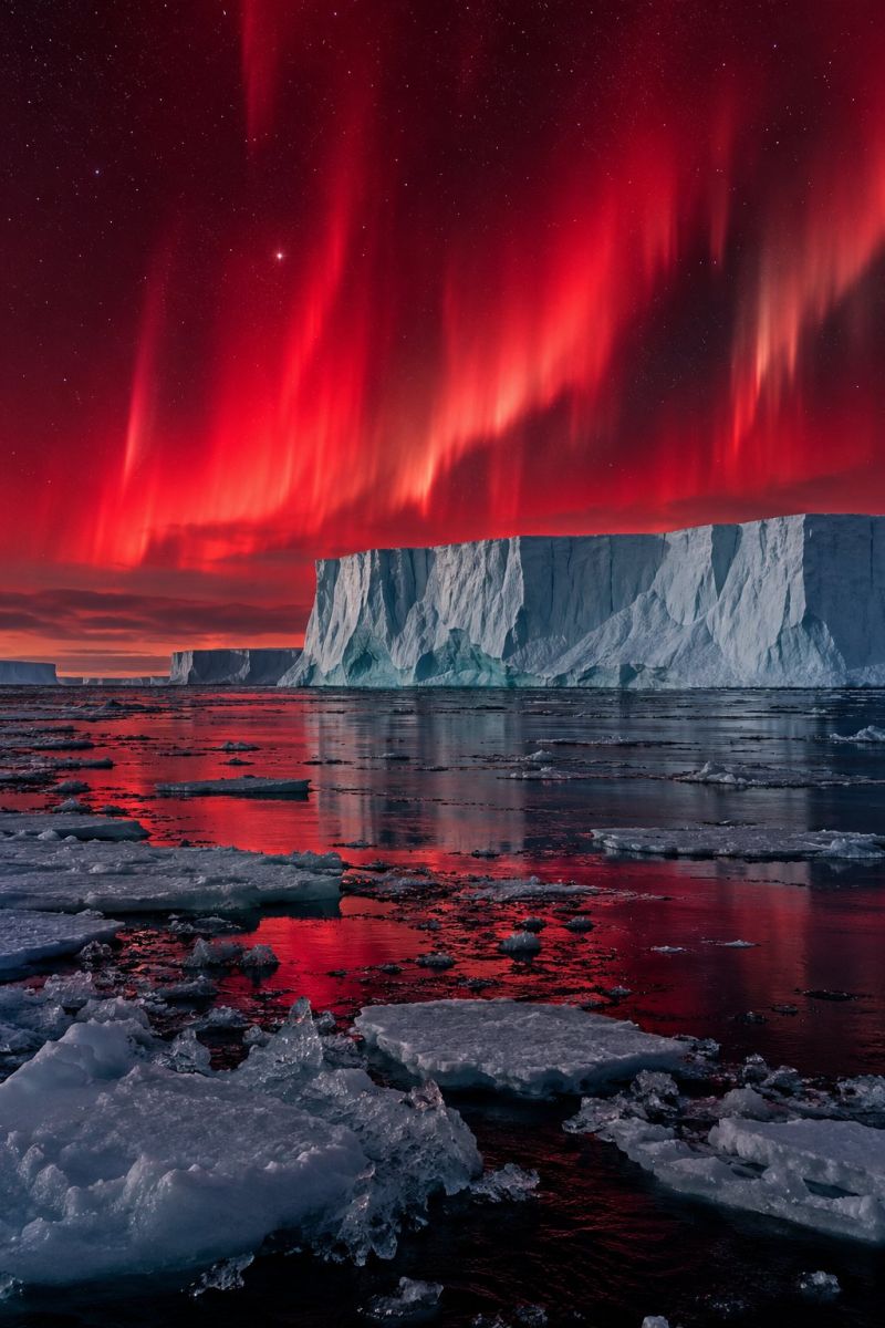 Glacier glace iceberg icebergs islande islandais scène nocturne dramatique dans une région polaire. Un énorme glacier, dont la paroi abrupte est recouverte de glace, domine le premier plan. La surface du glacier reflète les teintes rouges et vertes éclatantes des aurores boréales qui s'étendent dans le ciel. L'aurore illumine le ciel de ses couleurs vives, créant une atmosphère surréaliste et surnaturelle. L'eau au premier plan est sombre et calme, avec des plaques de glace éparses reflétant la lueur des aurores. Le ciel est rempli d'étoiles, ce qui ajoute au caractère serein et mystique de la scène.