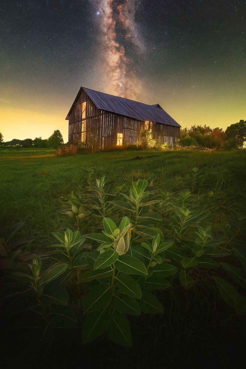 Grange nuit ciel etoiles champ plantes arbres herbe batiment architecture nature rural campagne coucher soleil lueur reflexion voie lactee Une grange se dresse au milieu d'un vaste champ herbeux sous un ciel nocturne étoilé. La grange a un toit en pente et plusieurs fenêtres, avec une lumière chaude émanant de l'intérieur. Le ciel est rempli d'étoiles, et la galaxie de la Voie Lactée est bien visible, s'étendant à travers le ciel. Le champ est luxuriant et vert, avec quelques plantes et arbres visibles en arrière-plan. La scène globale est paisible et sereine, avec la grange et la beauté naturelle du ciel nocturne créant un contraste saisissant.