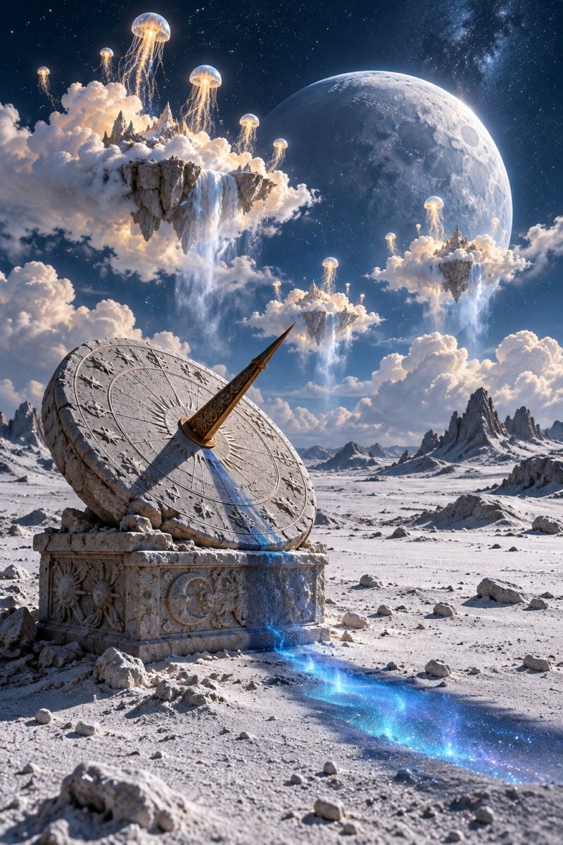 Sundial desert moon clouds waterfall mountains stars fantasy imagination sci alien space planet rocks sand blue night sky In the foreground, there is a large, ancient sundial with intricate carvings, resting on a stone pedestal. The sundial's shadow falls on the ground, indicating the time. To the left of the sundial, a blue liquid flows from it, creating a shimmering effect on the sandy surface. In the background, there are floating islands with waterfalls cascading down, surrounded by glowing jellyfish-like creatures. The sky is filled with stars and a large, glowing moon. The scene is set in a desert-like landscape with rocky terrain and a distant mountain range.