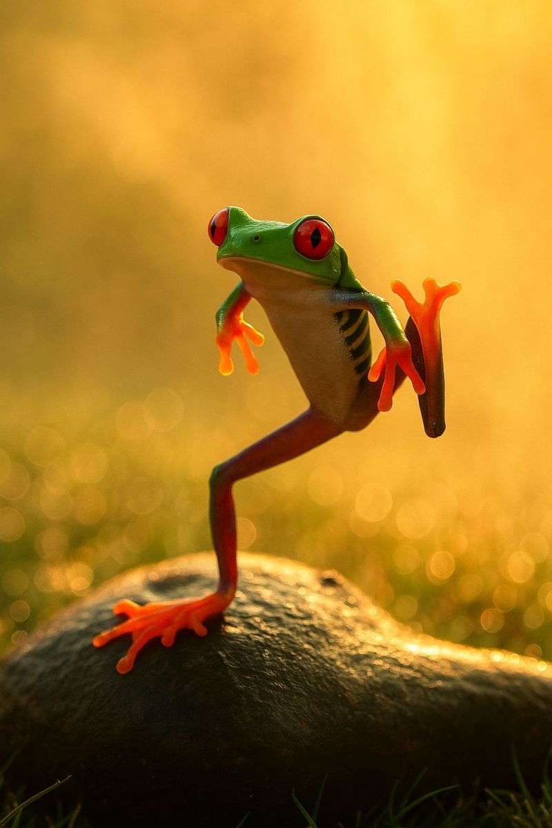 Grenouille amphibien faune nature animal air vert saut roche herbe soleil bokeh gros macro rouge yeux comportement Une grenouille vibrante aux yeux rouge vif et aux membres orange est perchée sur un grand rocher sombre. Le corps de la grenouille est vert avec des rayures noires, et elle semble être dans une pose ludique, presque dansante. L'arrière-plan est un dégradé doux et chaud, passant du jaune au vert, avec de faibles taches lumineuses dispersées qui suggèrent une journée ensoleillée. L'ombre de la grenouille est projetée sur le rocher, ajoutant de la profondeur à l'image.