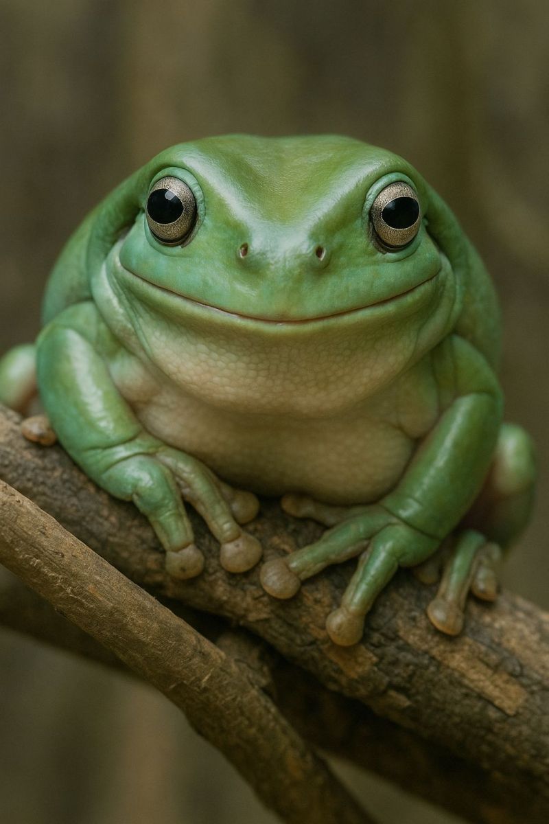 Frog amphibian wildlife nature animal green smile eyes branch sitting outdoors reptile A green frog with a plump body and a wide, toothy smile is perched on a tree branch. Its skin is smooth and glossy, with a light green hue. The frog's large, round eyes are a deep brown, and its pupils are black. Its limbs are short and sturdy, with webbed toes that help it grip the branch. The frog's head is slightly tilted to the right, and its body is positioned in a relaxed, comfortable manner. The background is blurry, suggesting that the frog is in a natural setting.
