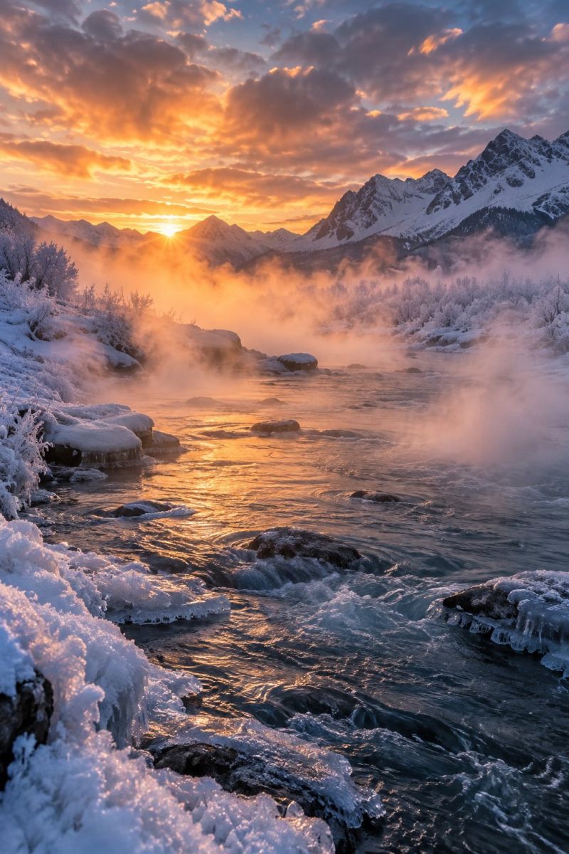 Sunset mountains river water snow ice rocks fog sky clouds trees winter nature outdoors reflection beauty scenery The image captures a serene winter landscape at sunset. In the foreground, a river flows gently, its surface shimmering with the last light of day. The water is clear, reflecting the golden hues of the setting sun. Along the riverbanks, rocks are partially covered in snow, and some have patches of ice. The riverbanks are lined with snow-covered shrubs and trees, their branches bare and frosted. In the background, majestic snow-capped mountains rise, their peaks dusted with snow and partially shrouded in mist. The sky above is a canvas of warm colors, transitioning from deep oranges and pinks near the horizon to lighter blues higher up, with scattered clouds adding texture to the scene.