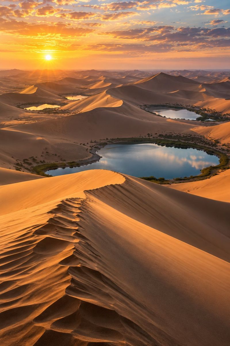 Desert sunset sand dunes lake water sky reflection clouds horizon mountains nature outdoors beauty colorful shadow texture pattern The image captures a breathtaking desert landscape at sunset. The sky is awash with warm hues of orange and pink, with the sun setting on the horizon, casting a golden glow over the scene. In the foreground, a large sand dune with intricate, wavy patterns dominates the view. The dune's surface is textured with fine ripples, creating a dynamic and ever-changing appearance. To the right of the dune, there is a serene, circular lake, its surface reflecting the colors of the sunset and the surrounding dunes. The lake is surrounded by a ring of sand, creating a striking contrast between the water and the arid landscape. In the background, more dunes stretch out into the distance, their shapes softened by the fading light. The overall scene is one of tranquility and natural beauty, with the interplay of light and shadow adding depth and dimension to the landscape.