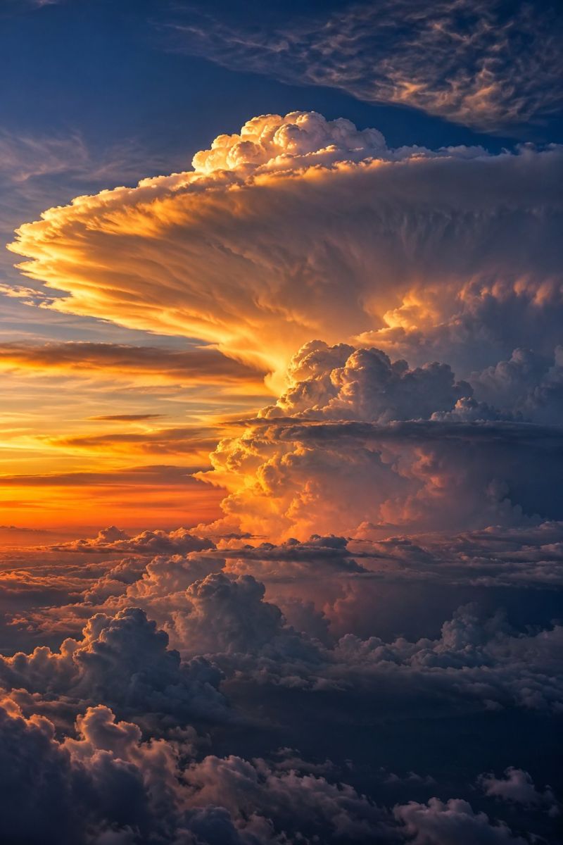 Sky clouds sunset storm weather atmosphere nature sunlight horizon reflection colorful dramatic aerial cloudscape brightness contrast mood The image captures a breathtaking aerial view of a massive cumulonimbus cloud illuminated by the setting sun. The cloud is large and dense, with its top edges glowing in shades of orange and yellow, while the lower parts are darker and more shadowed. The sun's rays pierce through the cloud, creating a dramatic and almost ethereal effect. Below the cloud, the sky transitions from deep blue to lighter shades of blue and orange, indicating the sunset. The cloud is surrounded by a sea of smaller, fluffy clouds, creating a textured and layered appearance. The overall scene is majestic and awe-inspiring, showcasing the beauty and power of nature.